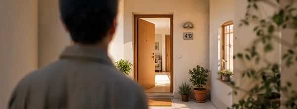 Propietario volviendo a casa con la puerta abierta