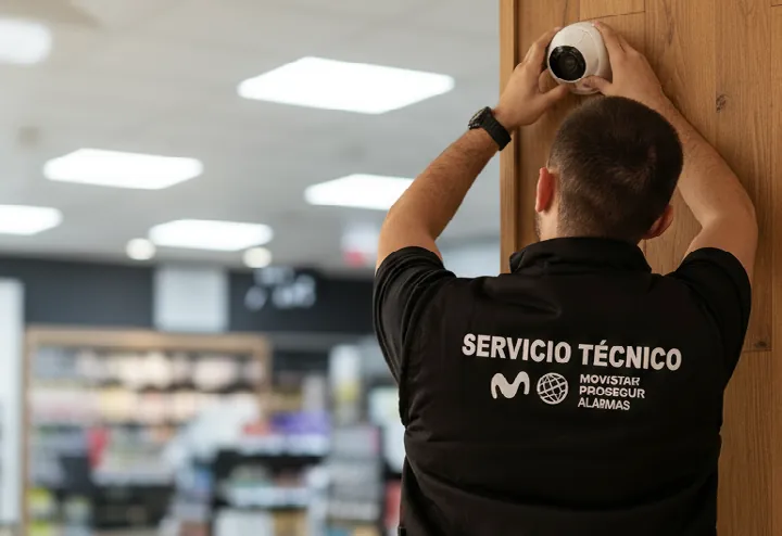 Técnico de Movistar Prosegur Alarmas trabajando en un comercio
